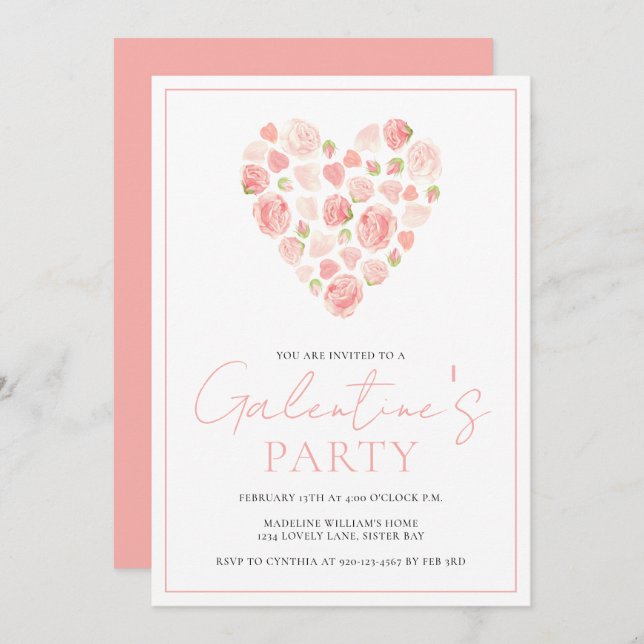 Floral Heart Galentine's Day Party Invitation (Front/Back)
