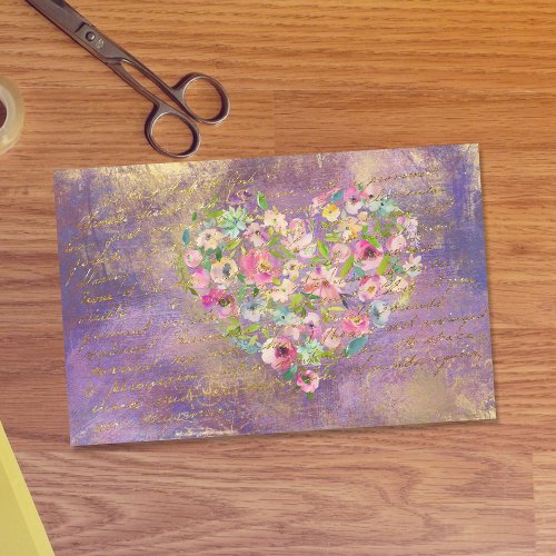 Floral Heart Gold Antique Handwriting Decoupage Tissue Paper