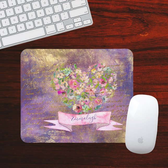 Floral Heart Gold Antique Handwriting Monogram Mouse Pad (Creator Uploaded)