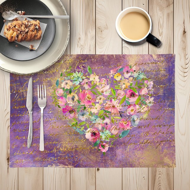 Floral Heart Gold Antique Handwriting Placemat (Creator Uploaded)