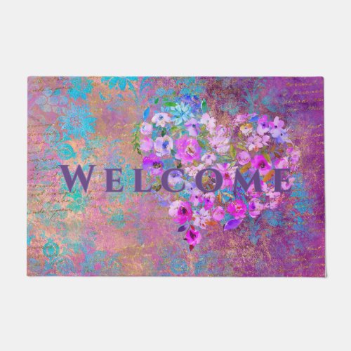 Floral Heart Gold Antique Handwriting Welcome Doormat