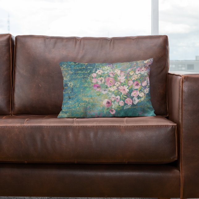 Floral Heart Gold Romantic Handwriting Lumbar Pillow (Creator Uploaded)