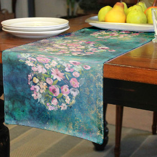 Floral Heart Gold Romantic Handwriting Short Table Runner