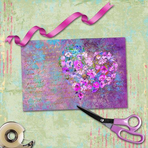 Floral Heart Gold Vintage Handwriting Decoupage Lg Tissue Paper