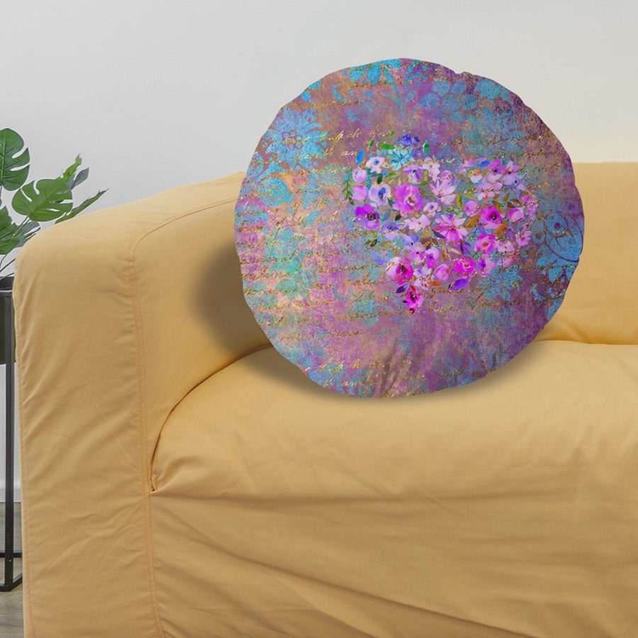 Floral Heart Gold Vintage Handwriting Round Pillow