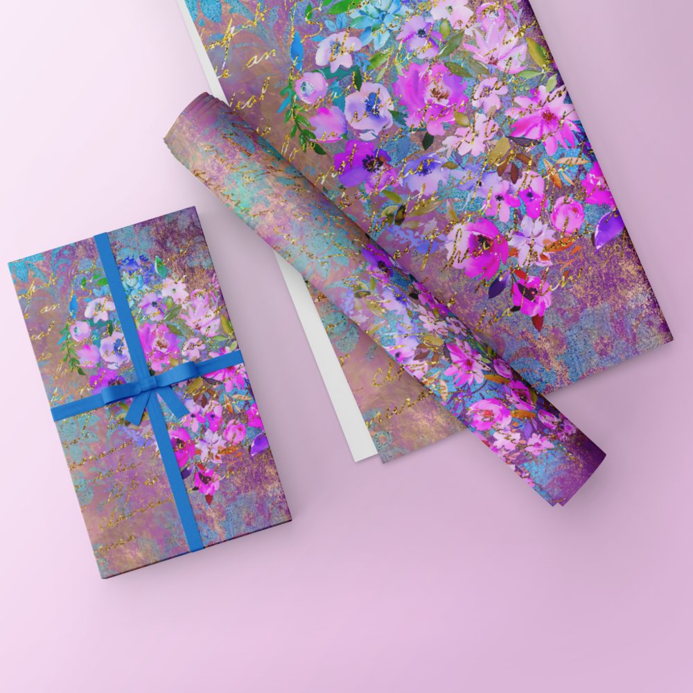Floral Heart Gold Vintage Handwriting Wrapping Paper