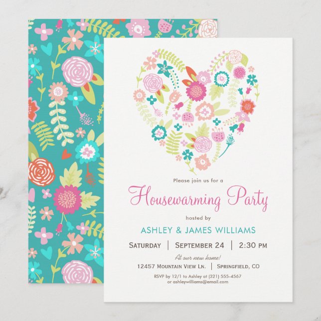 Floral Heart Housewarming Party Invitation (Front/Back)