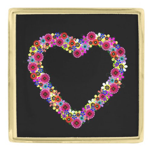 Floral Heart in Black Gold Finish Lapel Pin