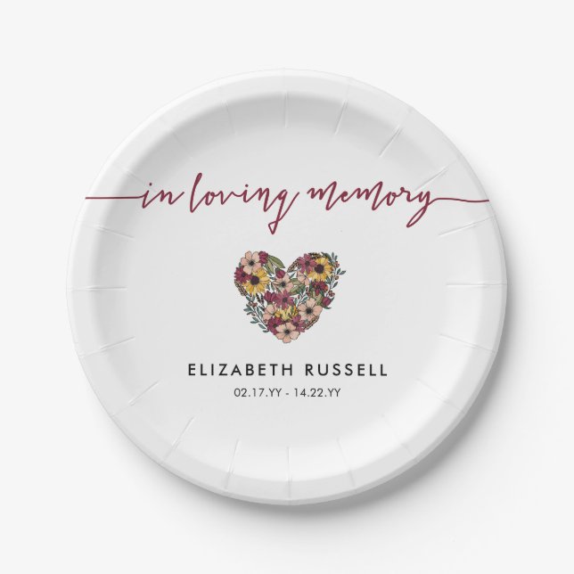 Floral Heart In Loving Memory Memorial Funeral Paper Plates (Front)