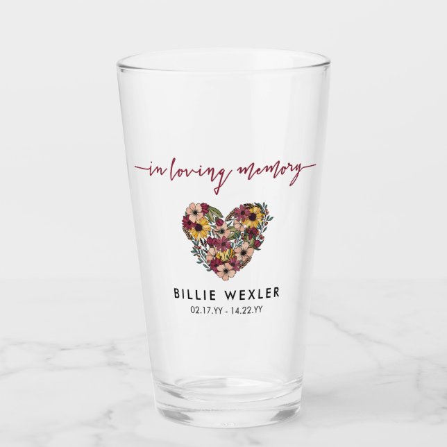 Floral Heart In Loving Memory Memorial Keepsake Glass (Front)