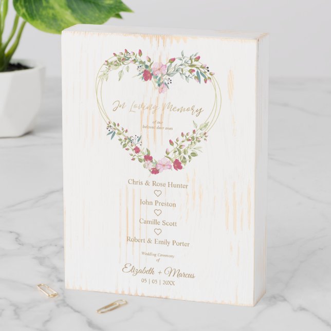 Floral Heart In Loving Memory Wedding Memorial Wooden Box Sign (In Situ Vertical)