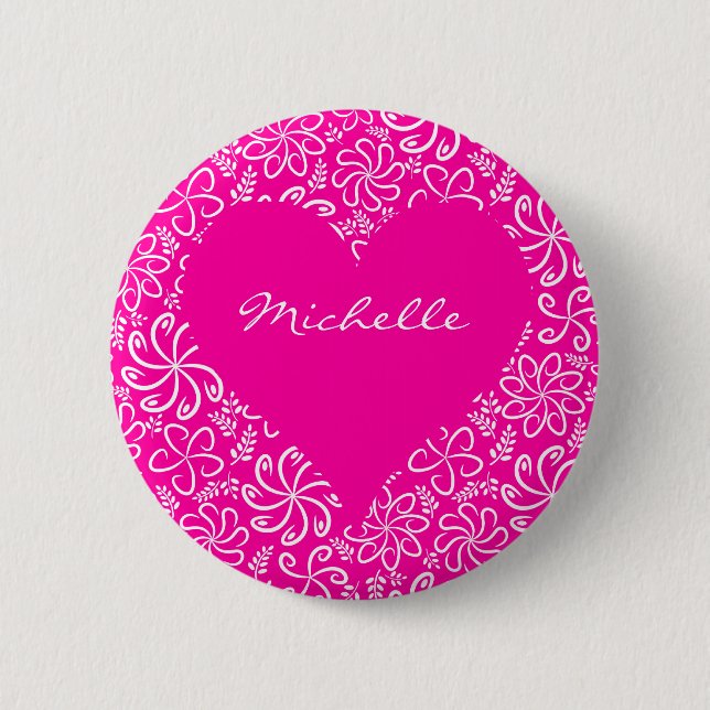 Floral heart in pink with a name button (Front)