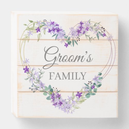 Floral Heart in Purple Grooms Family Design Wooden Box Sign