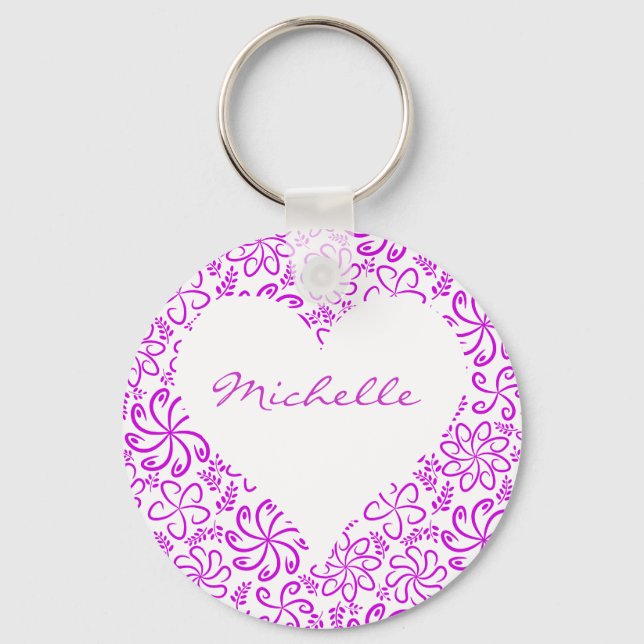 Floral heart in purple white with a name keychain (Front)