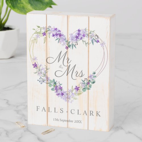 Floral Heart in Purple with Mr  Mrs Quote Wooden Box Sign