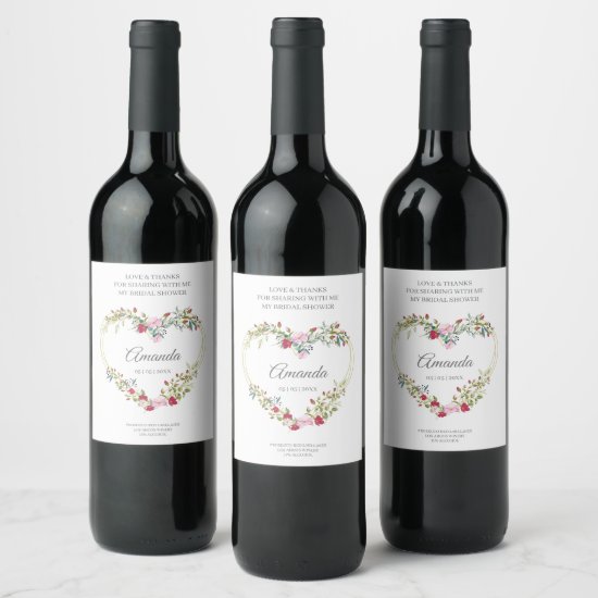 Floral Heart in Red & Pink for Bridal Shower Wine Label