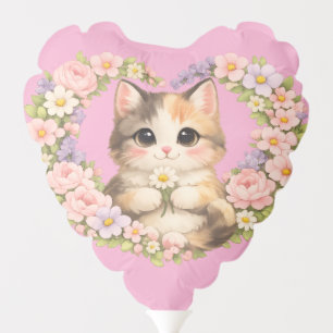Floral Heart Kawaii art Kitten Balloon