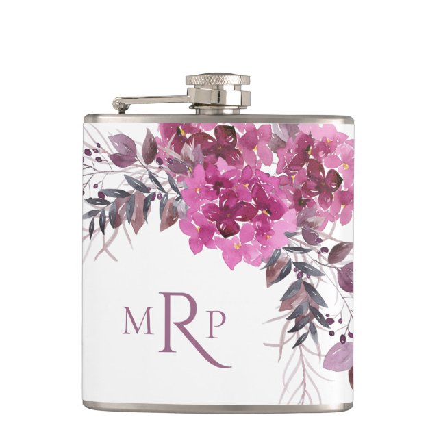 *~* Floral Heart Magenta Hydrangea Chic Popular Flask (Front)