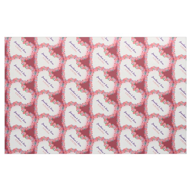 Floral Heart on Dark Red, Personalized Wedding Fabric (Fat Quarter)