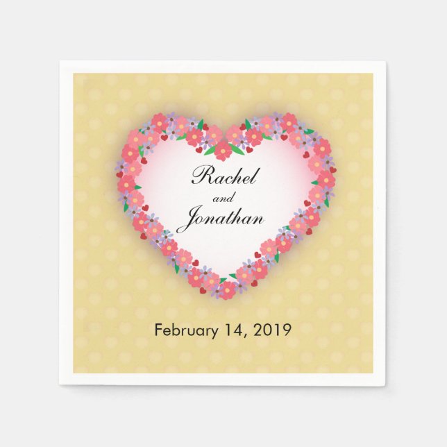 Floral Heart on Gold, Personalize Wedding Napkins (Front)