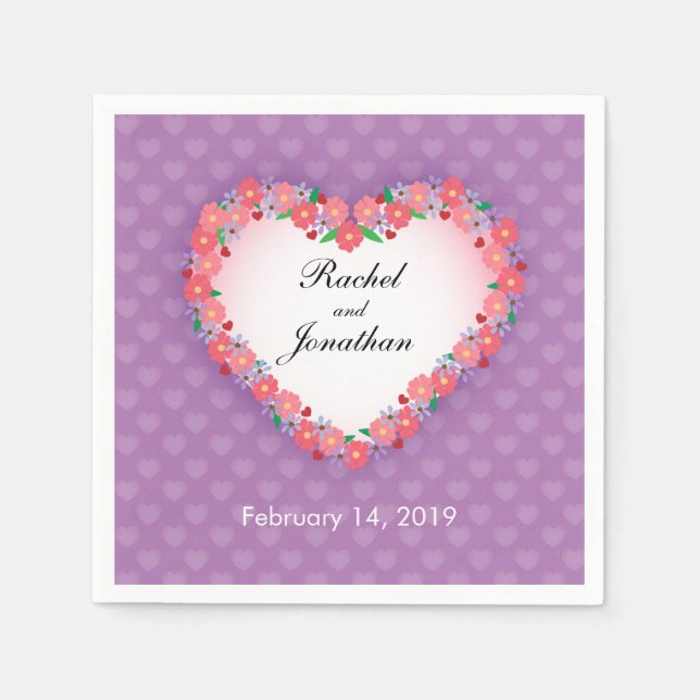 Floral Heart on Light Purple, Personalized Wedding Paper Napkins (Front)