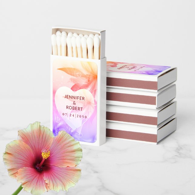 Floral Heart Orange Purple Dewdrops Wedding Matchboxes (Creator Uploaded)