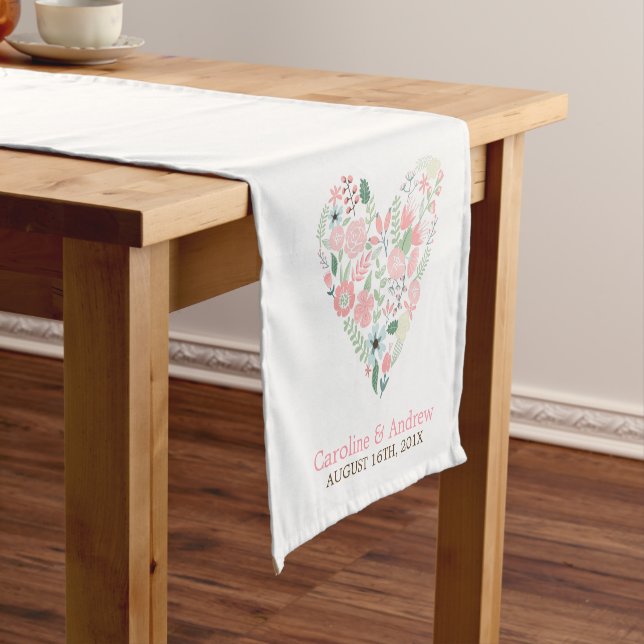 Floral Heart Personalized Wedding Short Table Runner (In Situ)