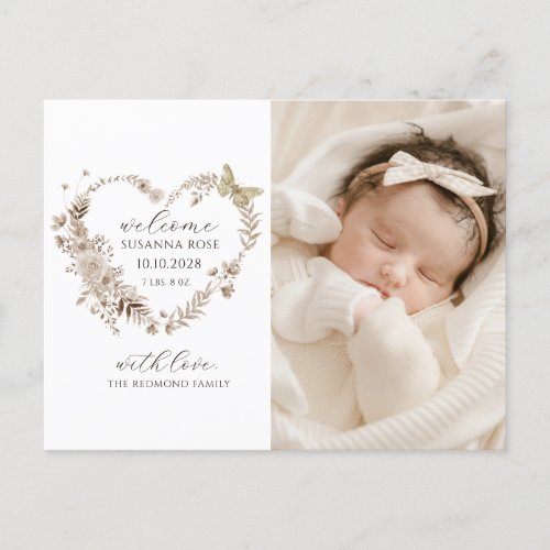 Floral Heart Photo Birth Announcement Postcard