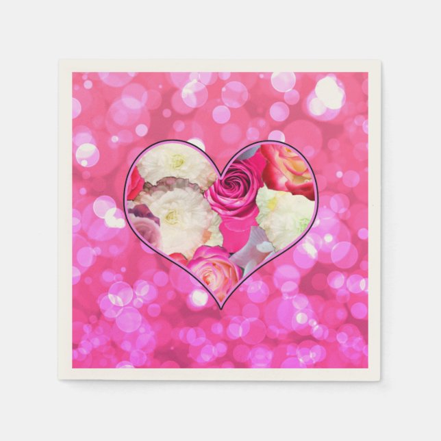 Floral Heart Pink Bokeh Paper Napkins (Front)