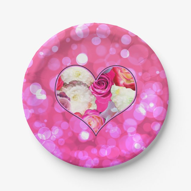Floral Heart Pink Bokeh Paper Plates (Front)