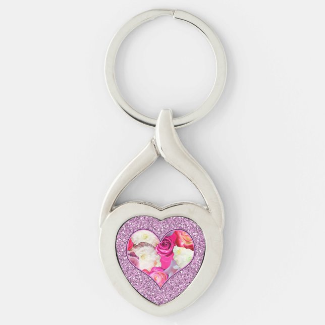 Floral Heart Pink & Lavender Faux Glitter Keychain (Front)