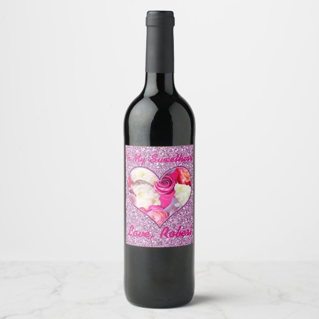 Floral Heart Pink & Lavender Faux Glitter Wine Label (Front)