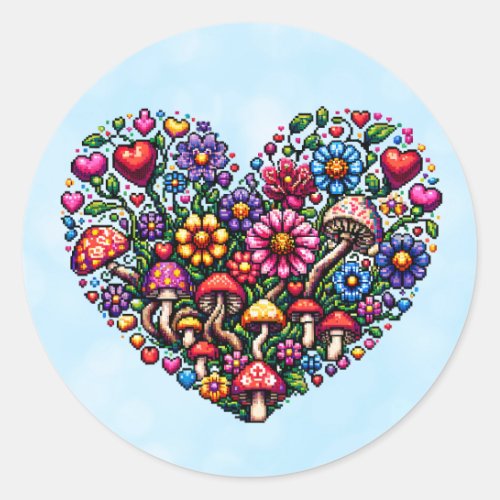 Floral Heart Pixel Art Classic Round Sticker