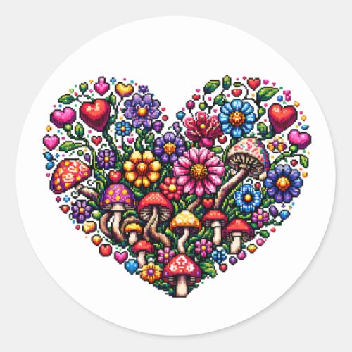 Floral Heart Pixel Art Classic Round Sticker