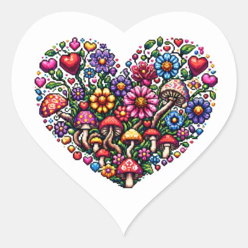 Floral Heart Pixel Art Heart Sticker