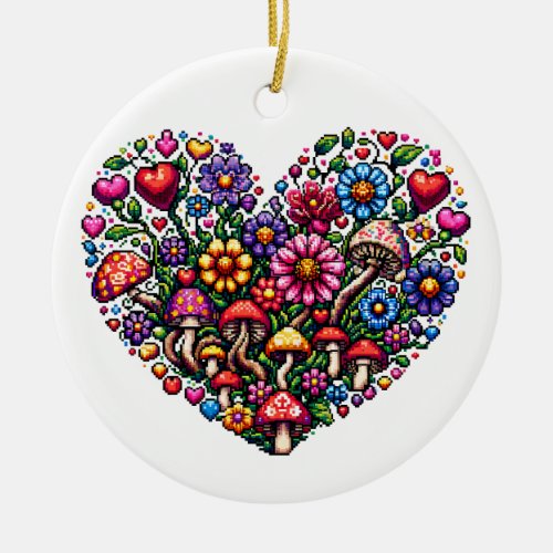 Floral Heart Pixel Art Personalized Christmas Ceramic Ornament