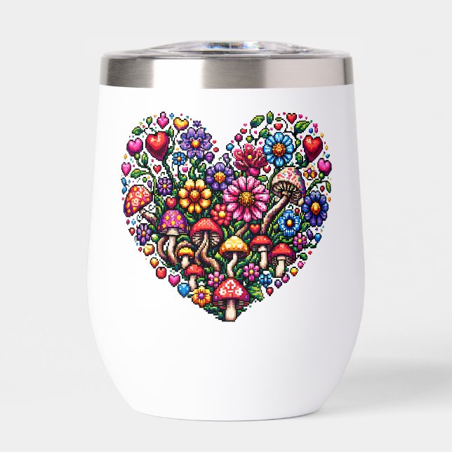 Floral Heart Pixel Art Personalized Thermal Wine Tumbler (Front)