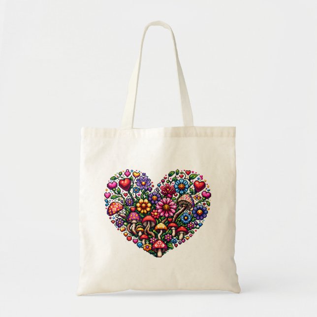 Floral Heart Pixel Art Personalized Tote Bag (Front)