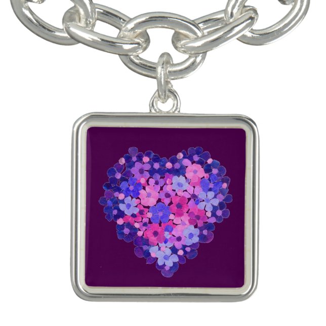 Floral Heart, Purple Custom Square Charm Bracelet (Design)