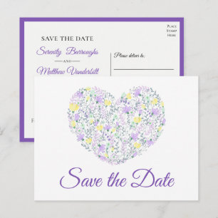 Floral Heart Purple Watercolor Wedding Save Date Announcement Postcard