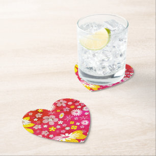 Floral Heart Radiant Red Pattern Paper Coaster