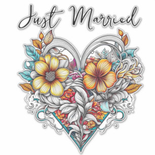 Floral Heart Romantic   Just Married Sticker