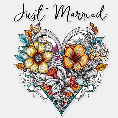 Floral Heart Romantic  Just Married Sticker