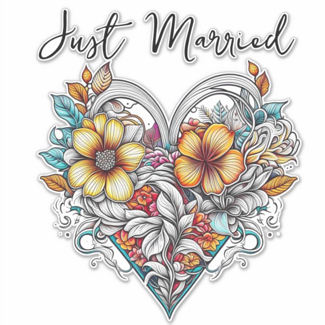 Floral Heart Romantic | Just Married Sticker (Front)