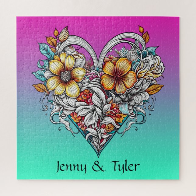 Floral Heart Romantic Personalized Jigsaw Puzzle (Vertical)