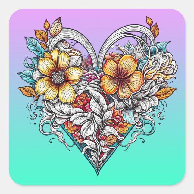 Floral Heart Romantic Square Sticker (Front)