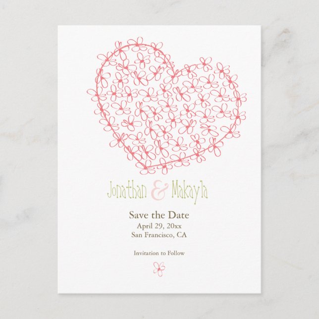 Floral Heart Save the Date: Pink Announcement Postcard (Front)