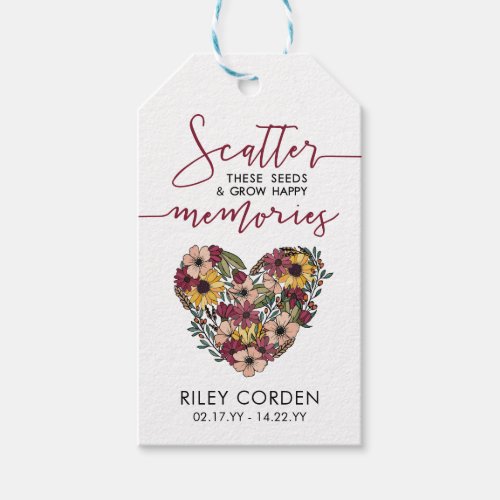 Floral Heart Scatter Seeds Grow Memories Funeral Gift Tags