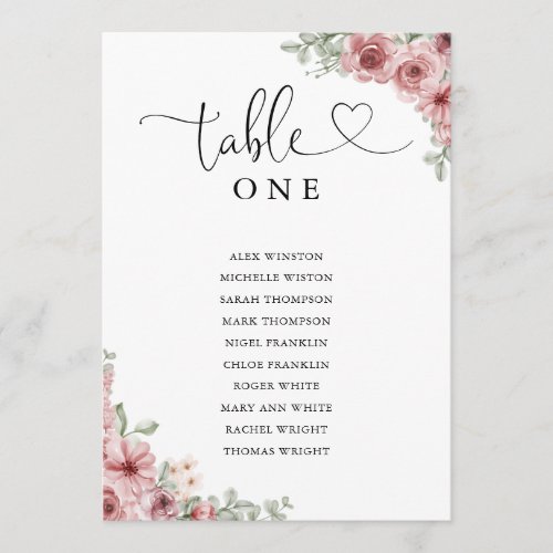 Floral Heart Script Table Number Seating Chart