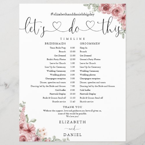 Floral Heart Script Wedding Schedule Timeline